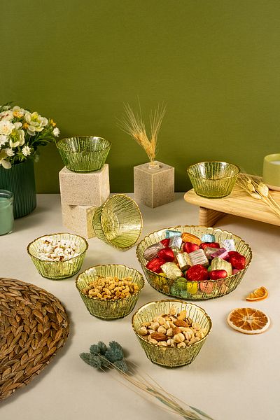 Fecra Fladen 7 Piece Bowl Set Green Gold Mesh