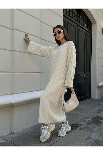 POİNE Women's Crew Neck Hair Braided Knitwear Dress