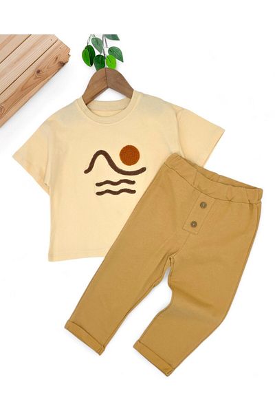 Ege Bebek Boy's Summer Embroidered T-Shirt, Sweatpants Bottomed 2-3-4-5-6 Years Old Stylish Nursery Set