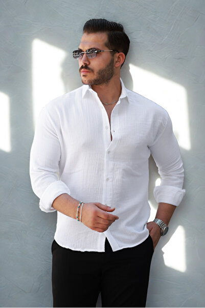 COMBİNE MİCHAİL Мъжка ленена риза, бяла, широка, от муслин