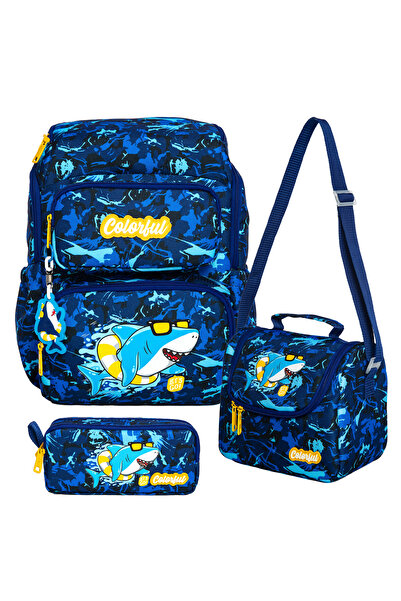 Colorful Set școlar Maxim Shark din 3 piese - Geantă pentru școala primară și nutriție termică și suport pentru creion