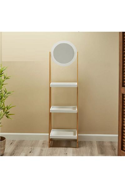 N2Y 3-Tier Bamboo Wood Shelf Stand with Mirror - Home Decor