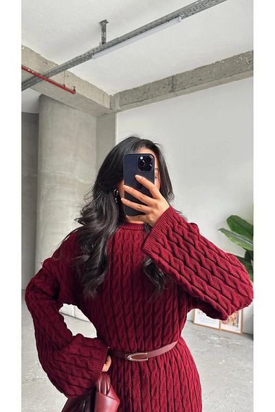 POİNE Women's Crew Neck Hair Braided Knitwear Dress
