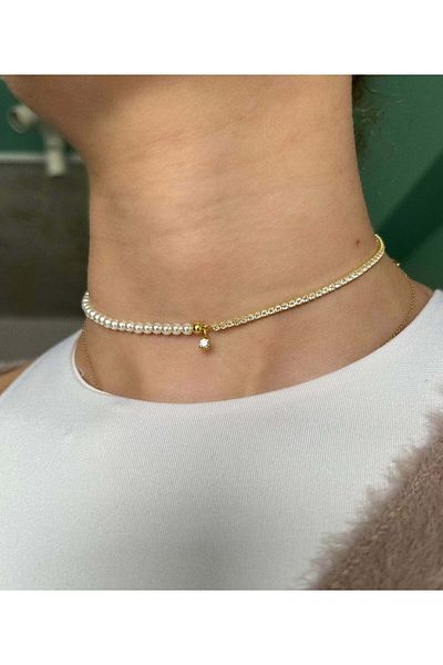 ohmygod jewelry Colier Tennis Argint cu Perle de 4 Mm si Cristale Albe din Argint Placat cu Aur, 33 Cm – Nina