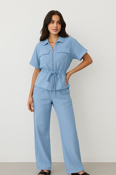 ForOus Short Sleeve, Folded Collar, Front Zippered Belt Shirt High Waist, Elastic Waist and String Laces Suit