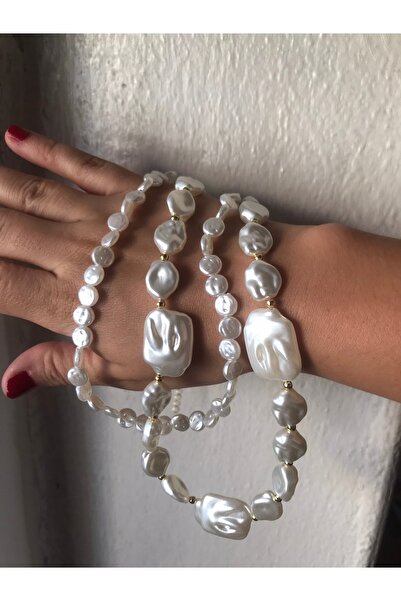 shop İKİLİ GÖRÜNÜM PARLAK IŞILTILI BÜYÜK TAŞLI İNCİLİ KOLYE KREM RENK