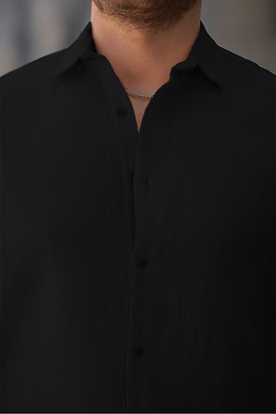 COMBİNE MİCHAİL Men's Linen Look Black Loose Muslin Shirt
