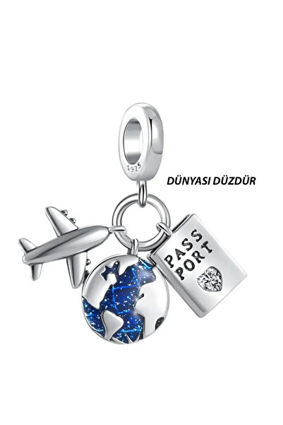 Fubena Uçak Düz Dünya Ve Pasaport Sallantılı Gümüş Charm