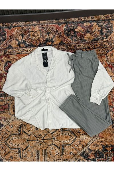 NO 601 Men's White Big Striped Shirt & Gray Double Leg Buttoned Pantalon Suit