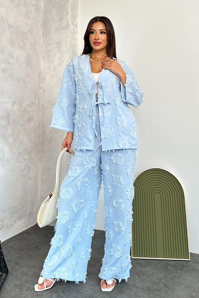 TREND KOMBİN Women's Appliqued Linen Suit – Stylish and Comfortable Two-Piece Summer Combination
