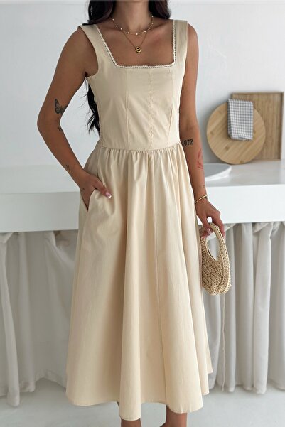 FEMELLE Γυναικείο Μπεζ Βαμβακερό Φόρεμα με Τσέπη