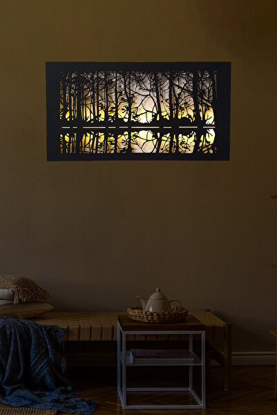 Genel Markalar Led Işıklı Ormanda Günbatımı Temalı Tablo Duvar Dekorlu Gece L...