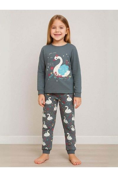 Zekids Girls' Swan Printed Cotton Pajama Set