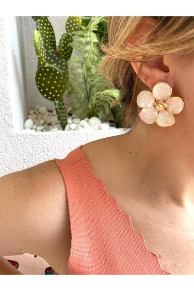 marsel aksesuar Flower Enameled Gold Plated Beige Vip Earrings