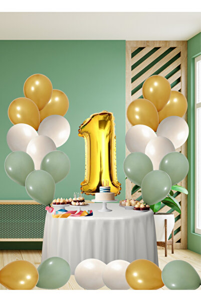 tedaks 1 Year Old Mildew Green Themed Birthday Set Metallic Gold Sand Beige M...