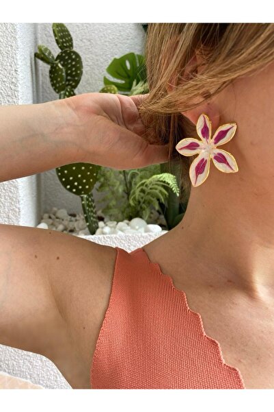 marsel aksesuar Flower Enamel Pink White Color Vip Earrings