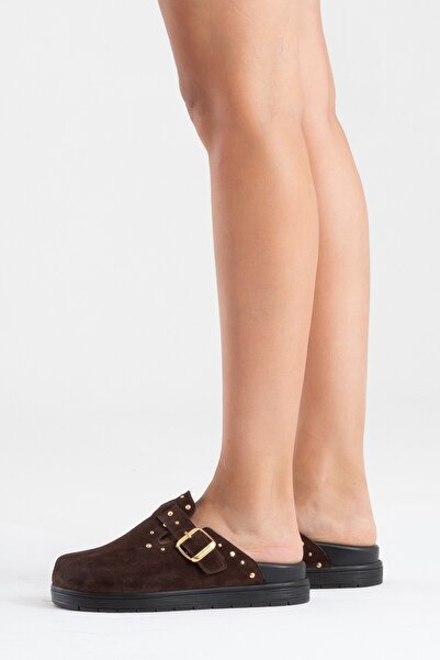 Zeynep Sıradağlı Γυναικείες δερμάτινες παντόφλες Elvarin καφέ σουέντ