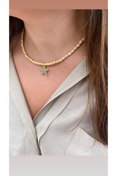 marsel aksesuar Wooden Bead Starfish Figure Beige Colored Necklace