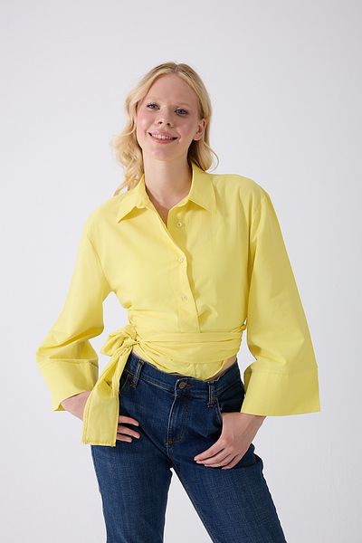 Fumel Women's Spanish Sleeve Tie Waist Belted Yellow Shirt