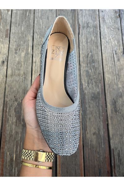 Nur Rose Women's Silver Stone Comfortable Daily Anatomical Stylish Evening Dress Cup Short Thick Heels Laceless Mother Shoes
