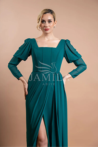 Lovely Dress Kare Yaka Uzun Kollu Kuplu Yırtmaçlı Abiye Elbise