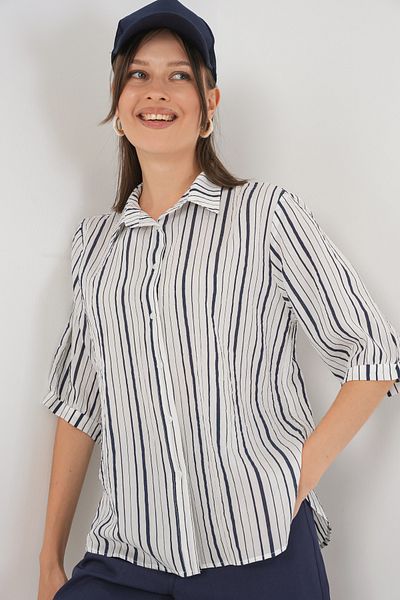 Bigdart Women's Striped Short Sleeve Shirt 20345 - F.Navy Blue