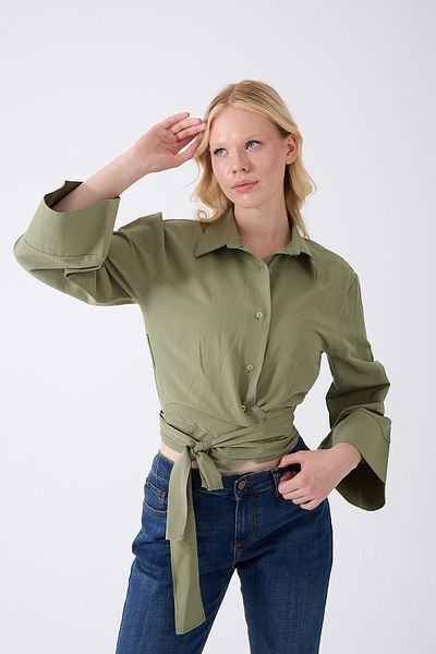 Fumel Women's Spanish Sleeve Tie Waist Belted Khaki Shirt