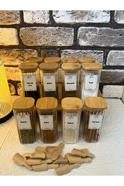 LİNGO HOME 12'li 350 ml Vakumlu Bambu Kapaklı Baharatlık Ve Saklama Kabı- Eti...