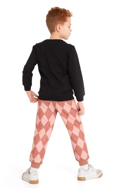 CiciTime Çocuk Modası Boy's Diamond Pattern Cat Embroidered Long Sleeve Bottom Top Tracksuit Set for Daily and Nursery