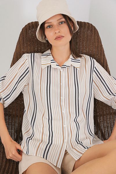 Bigdart Women's Striped Short Sleeve Shirt 20345 - Beige