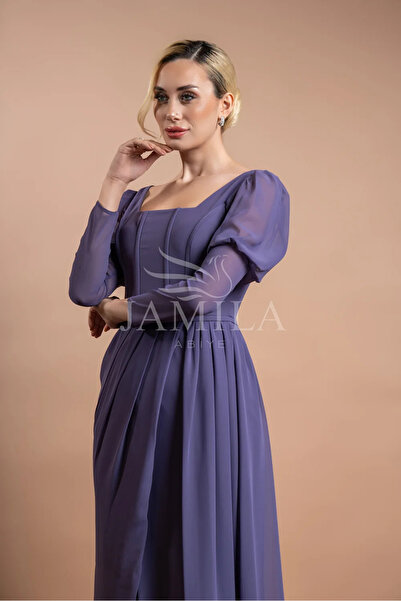 Lovely Dress Kare Yaka Uzun Kollu Kuplu Yırtmaçlı Abiye Elbise