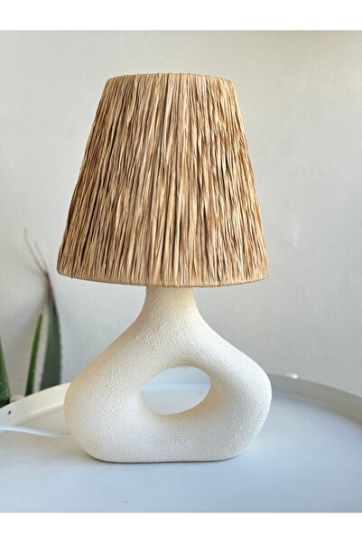 Candlebeedesign Hasır Başlıklı Ham Seramik Beyaz İskandinav Abajur