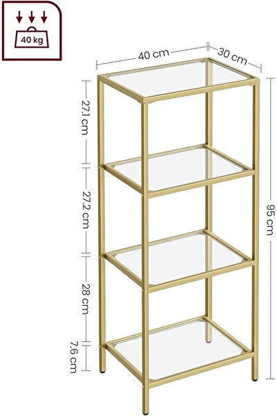 VASAGLE Bedroom Step Shelf, 4 Tiers, Tempered Glass, Steel Frame, 30x95x40cm, Gold