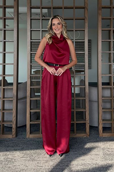 Laluvia Burgundy Satin Blouse Trousers Set - 304900