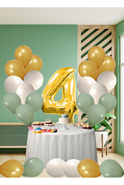 tedaks 4 Year Old Mildew Green Themed Birthday Set Metallic Gold Sand Beige M...