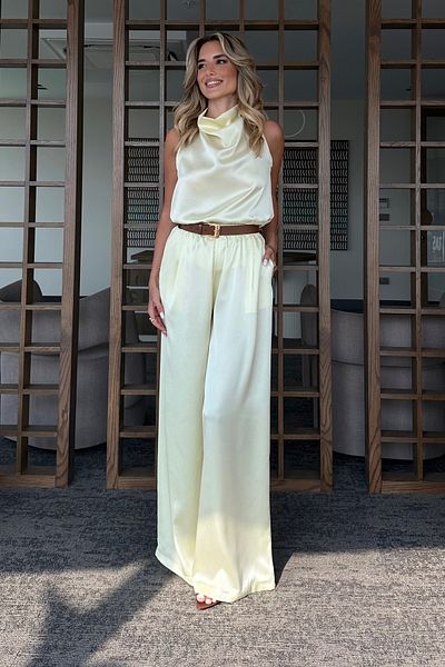 Laluvia Yellow Satin Blouse Pants Suit - 304900