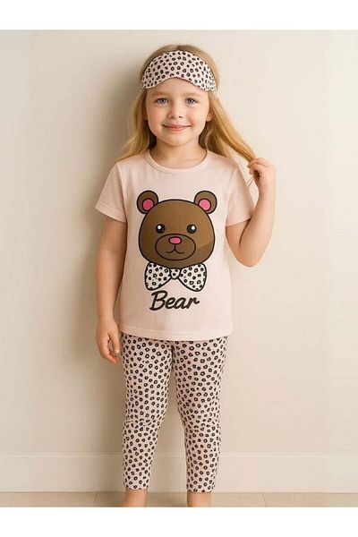 Zekids Girl's Cotton Short Sleeve Teddy Bear Patterned Pajama Set (Sleeping Band Included)