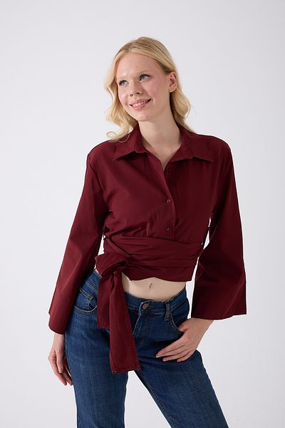 Fumel Women's Spanish Sleeve Tie Waist Belted Burgundy Shirt