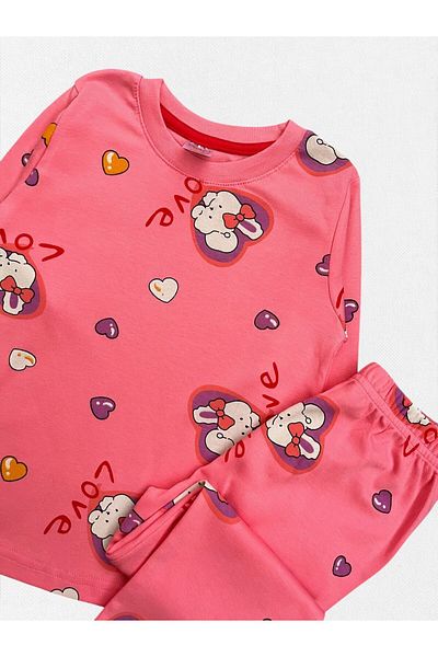 elmas kids Girls' 100% Cotton Pink Heart Rabbit Patterned Long Sleeve Winter Pajamas Set