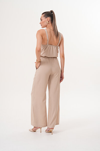 Shine Fine Button Detailed Mink Color Pocket Trousers Jumpsuit