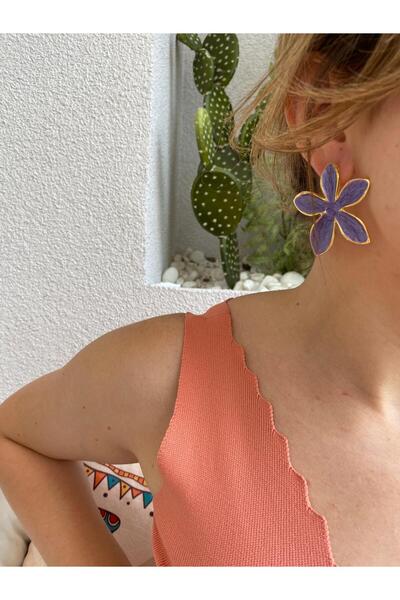 marsel aksesuar Flower Enamel Purple Gold Colored Vip Earrings