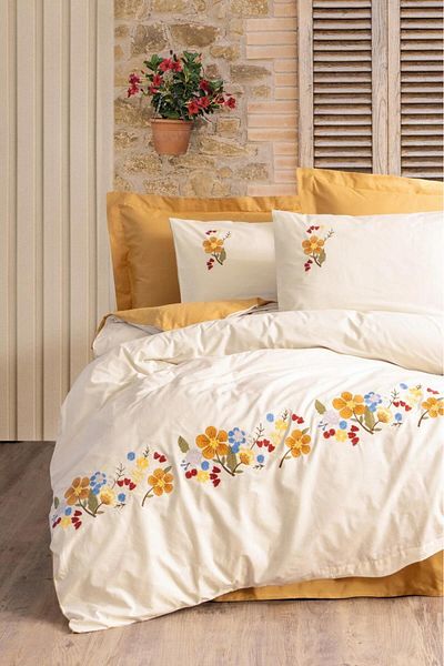 Cotton Box Embroidered Ranforce Double Duvet Cover Set Cotton Mustard