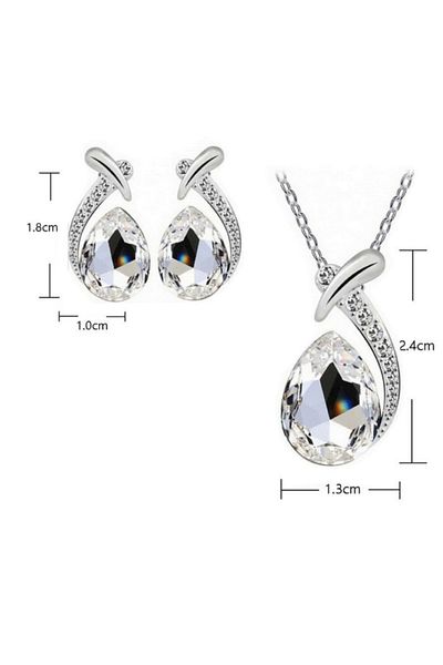 RAHEL Set of necklace with pendant and earrings, inlaid with zircon, in the shape of a water drop, Silver