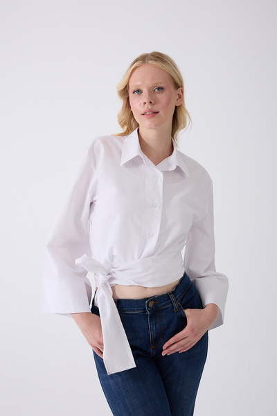 Fumel Женска испанска блуза с връзки на ръкавите и колан на талията, бяла