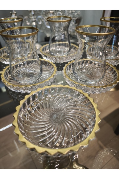 P&ORA PREMIUM KITCHEN PRODUCTS YENİ KRİSTAL TABAKLI GOLD DETAY 6 KİSİLİK ÇAY SETİ
