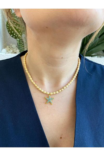 marsel aksesuar Wooden Bead Starfish Figure Beige Colored Necklace
