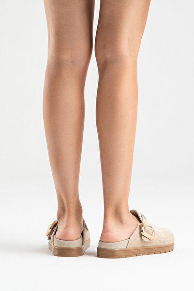 Zeynep Sıradağlı Elnad Women's Leather Slippers Beige Suede