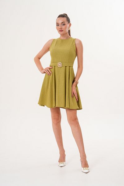 Shine Fine Green Pocketed Flounce Belt Detailed 100% Cotton Mini Dress