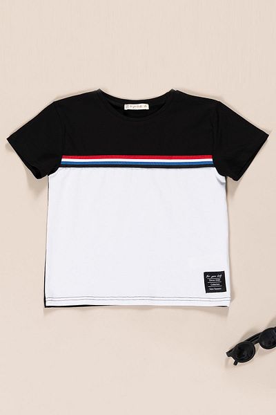 for you kids Front and Side Colorful Stripe Striped Label Detail Boys T-Shirt Shorts Set |   Black and White