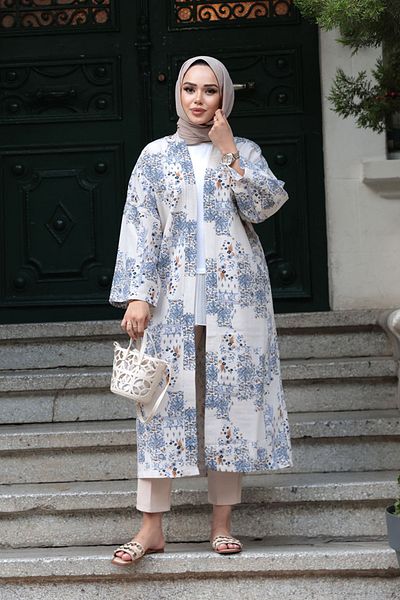 N.S NEVA STYLE Patterned Indigo Blue Hijab Kimono 32121Im